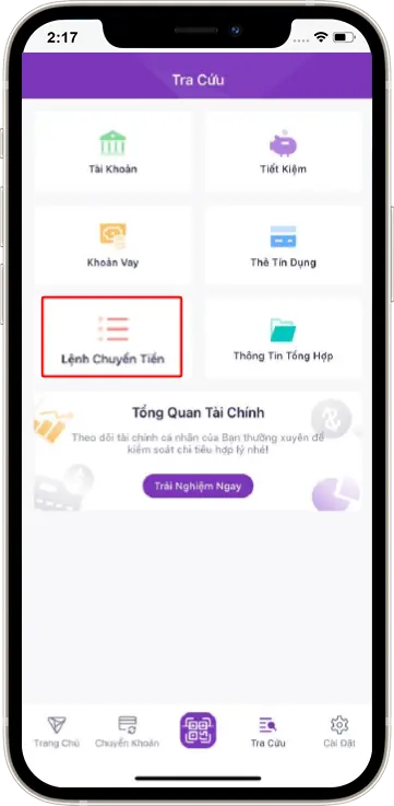 Bước 2: Chọn tra cứu lệnh chuyển tiền
